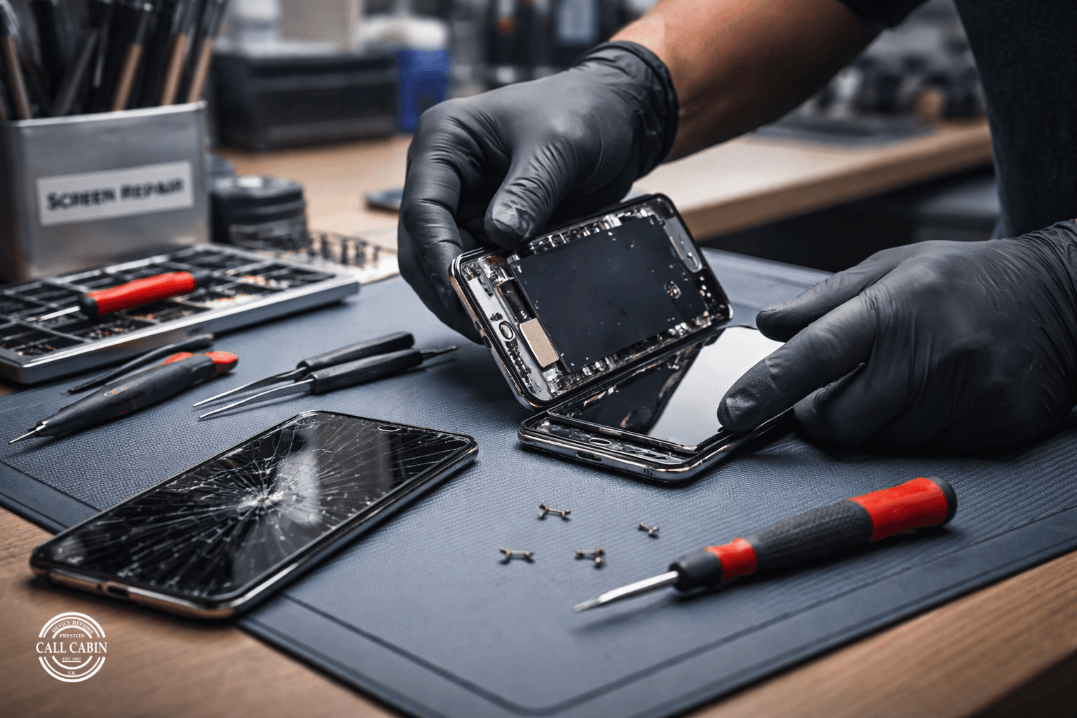 Technician replacing cracked display during iPhone screen repair Preston service in a local repair shop