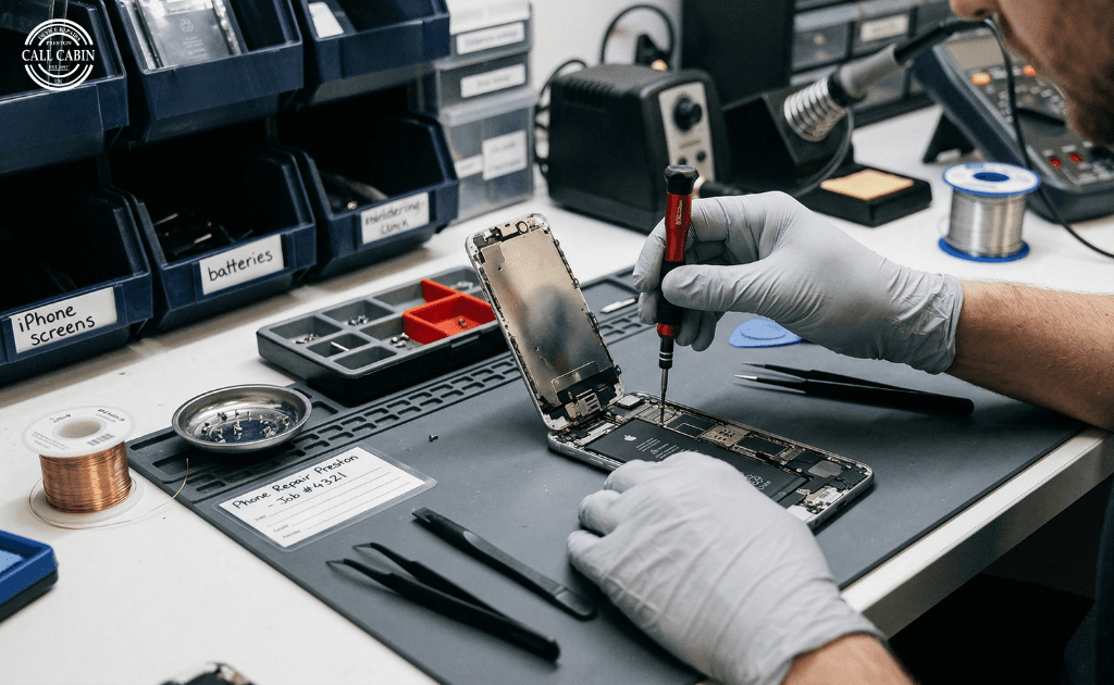 Phone repair service in Preston with CallCabin technicians fixing a device