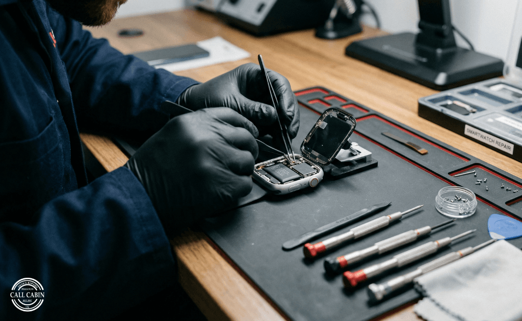CallCabin technician replacing a cracked Apple Watch screen during a smartwatch repair Preston service.